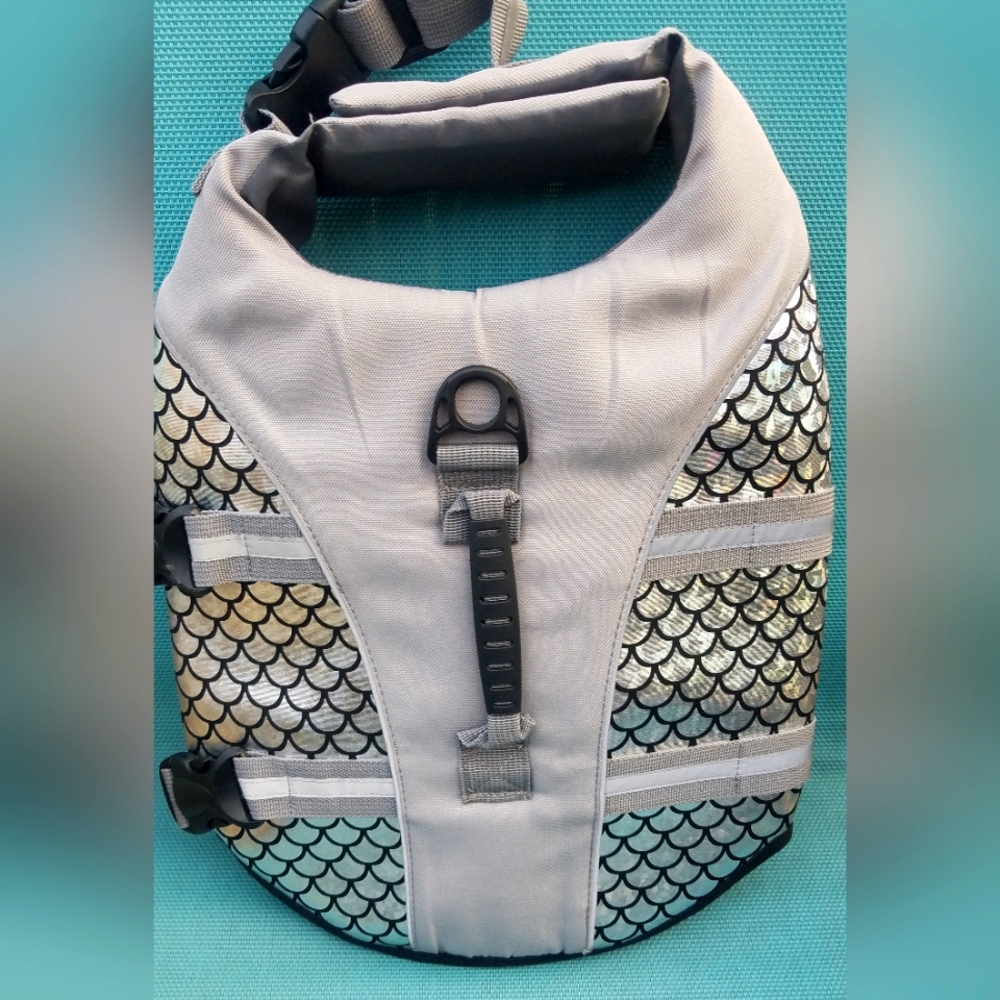 Dog Canine Life Jacket Vest Swim Harness Silver Black Mermaid fish Size M New!
